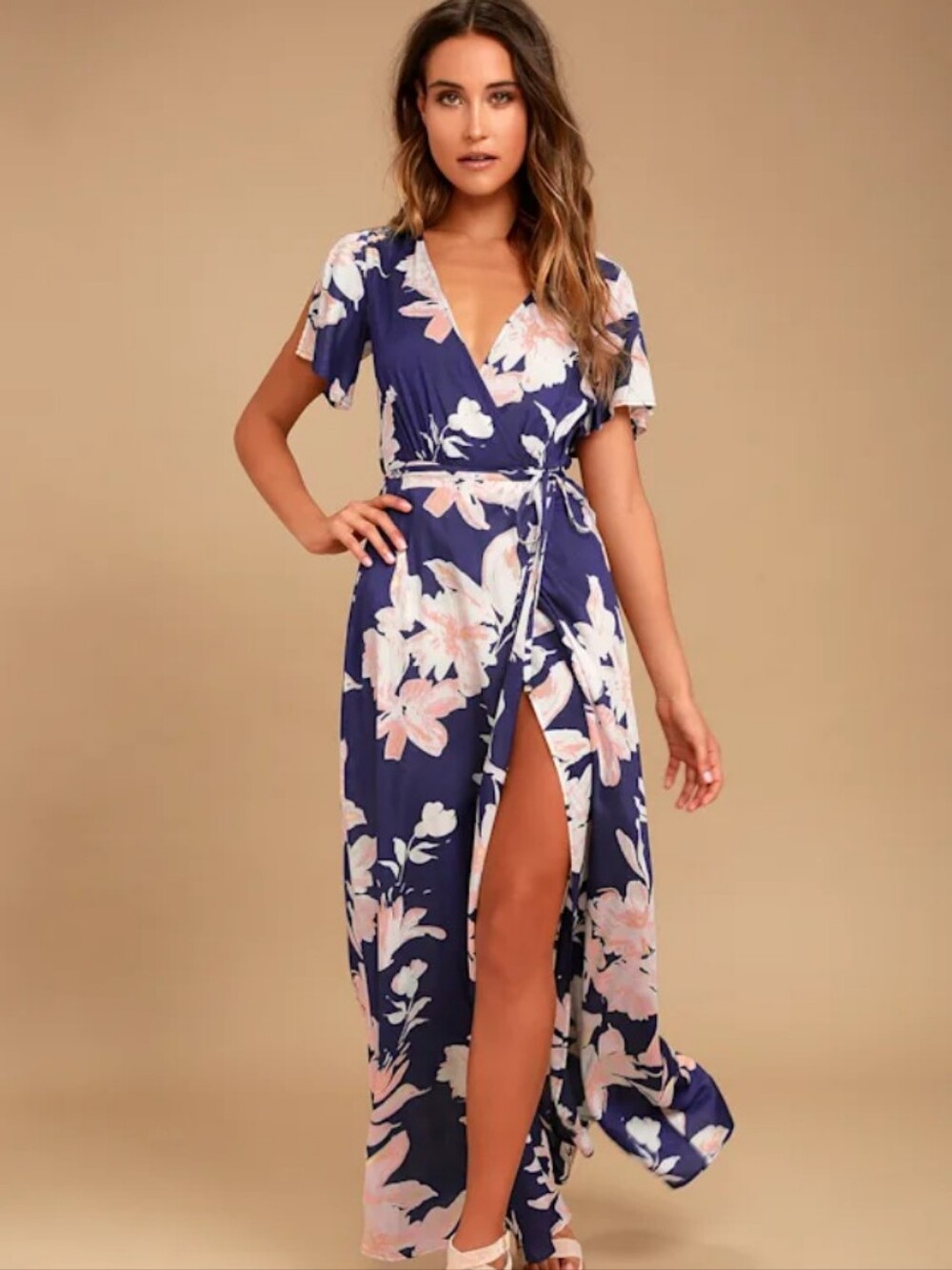 Lulus Azalea Regalia Navy Blue Floral Print Wrap Maxi Dress